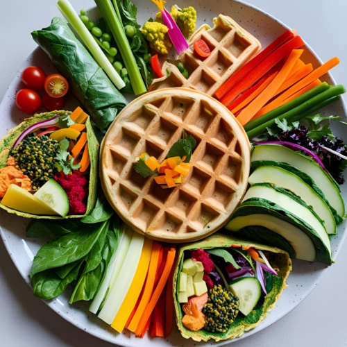 Waffeln und Wraps mit Gemüse auf einem Teller bunt angerichtet